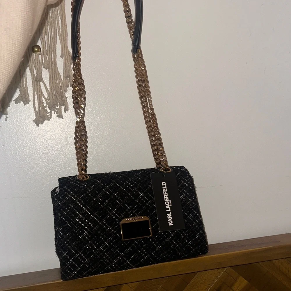 Karl Lagerfeld Black and Gold Tweed Shoulder Bag NWT - Picture 5 of 6